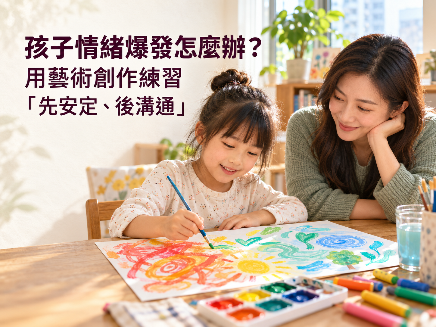 家長陪伴孩子在桌前用暖色及藍綠色畫畫，封面標題為「孩子情緒爆發怎麼辦？用藝術創作練習『先安定、後溝通』」。